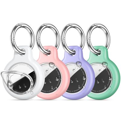4 Pack IPX8 Waterproof Airtag Holder Compatible with Apple AirTag (1st/2nd Generation) with Keychain,Silicone GPS Cover+TPU Clear Cover Air Tag Item Finders Case for Pets,Kids-White/Pink/Purpl/-Green