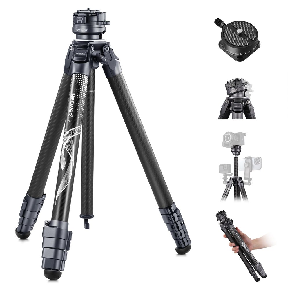 NEEWER LITETRIP LT32 62" Travel Tripod Carbon Fiber with 15 Leveling Base, Detachable Center Axis, Fast Flip Buckle, 360 Pan Arca Type QR Plate Compatible with PD