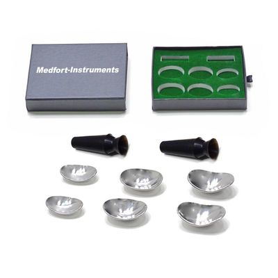 Medfort-Instruments Corneal Eye Shield Protector Set, Stainless Steel with Suction Pump, 26mm X 17mm (Small), 29mm X 21mm (Large), 32mm X 21mm (X-Large), Set of 9 Pcs