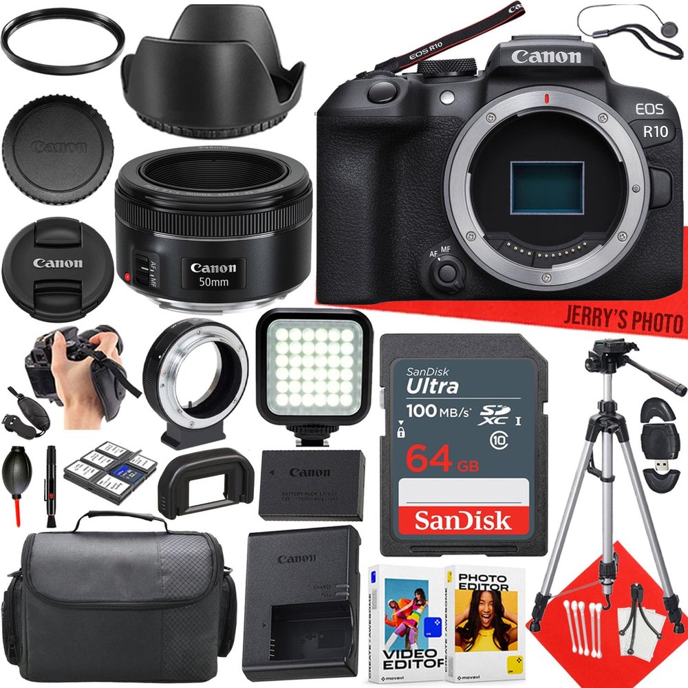 Canon EOS R10 Mirrorless Camera with Canon EF 50mm f/1.8 STM Lens + 64 GB Memory + LED Light + Camera Case + Mount Adapter for Canon R + More (24pc Bundle) (Renewed)