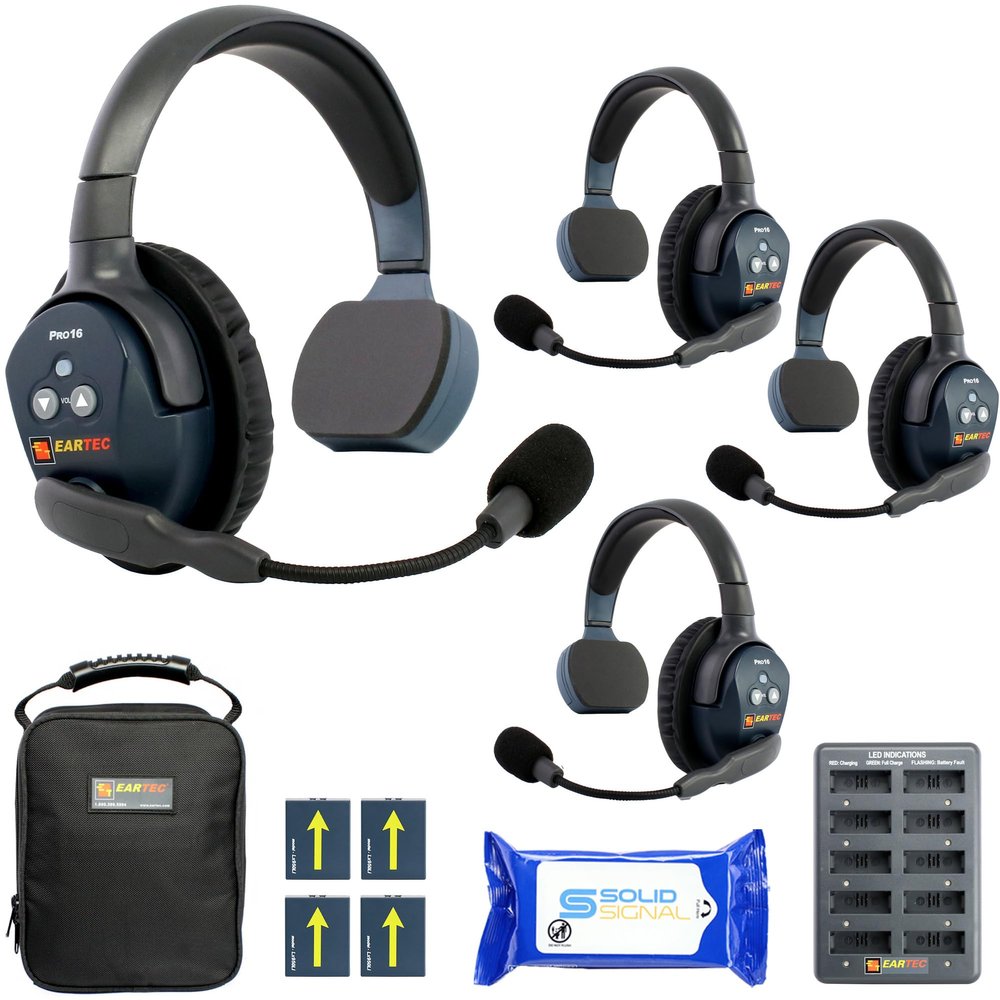 Eartec ETP4S Ultralite PRO16 Hands Free Full Duplex Wireless Headset Communication for 4 Users  4 Single Ear Headsets, Up to  Mile Range, with SolidSignal Cleaning Wipes Bundle