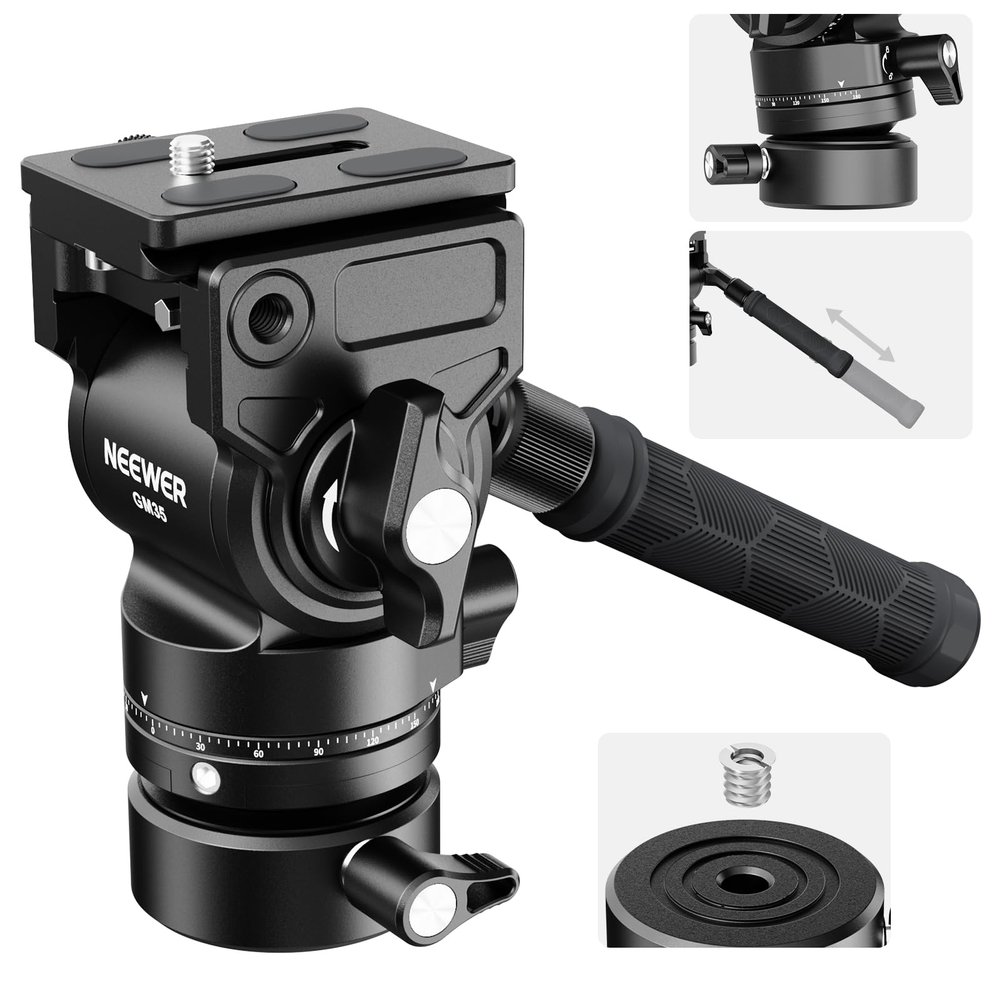 NEEWER Tripod Fluid Head with +/-7 Leveling Base (48mm), Metal Mini Pan Tilt Video Head Mount with Arca Type QR Plate, Telescopic Handle for Compact Video Camera DSLR Camera, Max Load 11lb/5kg, GM35