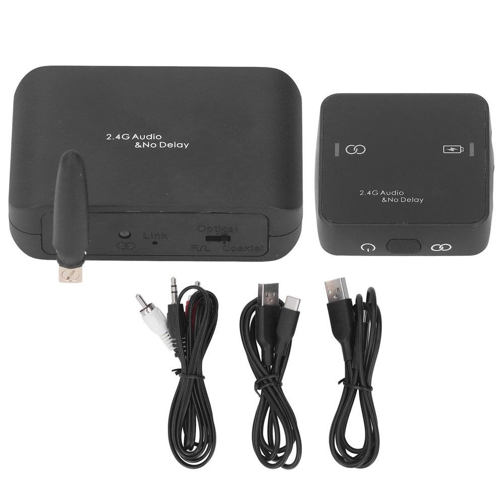 Enlybee 2.4G Cordless Audio Transmitter & Receiver, 50m Range, 20ms LowLatency, 5-6h Battery, 24-bit/48kHz Stereo Link, PlugandPlay for Home Gaming, Includes Receiver & USBC Charge