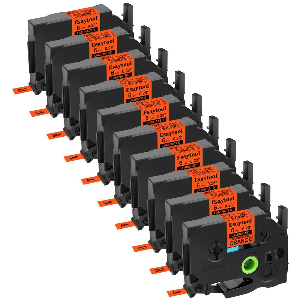 10 Pack Esaytool Replacement for TZe-B11 TZeB11 TZB11 6mm 0.23inch Black on Orange Fluorescent Laminated Compatible with P-Touch PT-D210 D220 H110 P710BT D450 D600 Label Marker