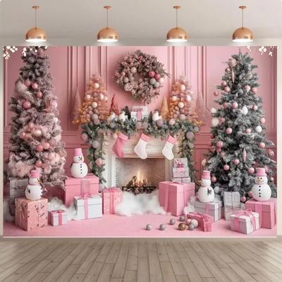 10x8ft Christmas Pink Backdrop Photography Vintage Fireplace Christmas Tree Garland Gift Box Girl Princess Photo Background Banner Props Photo Booths