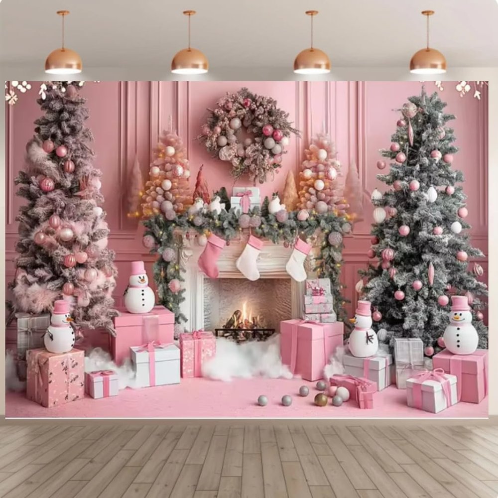 10x8ft Christmas Pink Backdrop Photography Vintage Fireplace Christmas Tree Garland Gift Box Girl Princess Photo Background Banner Props Photo Booths