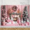 10x8ft Christmas Pink Backdrop Photography Vintage Fireplace Christmas Tree Garland Gift Box Girl Princess Photo Background Banner Props Photo Booths view 2
