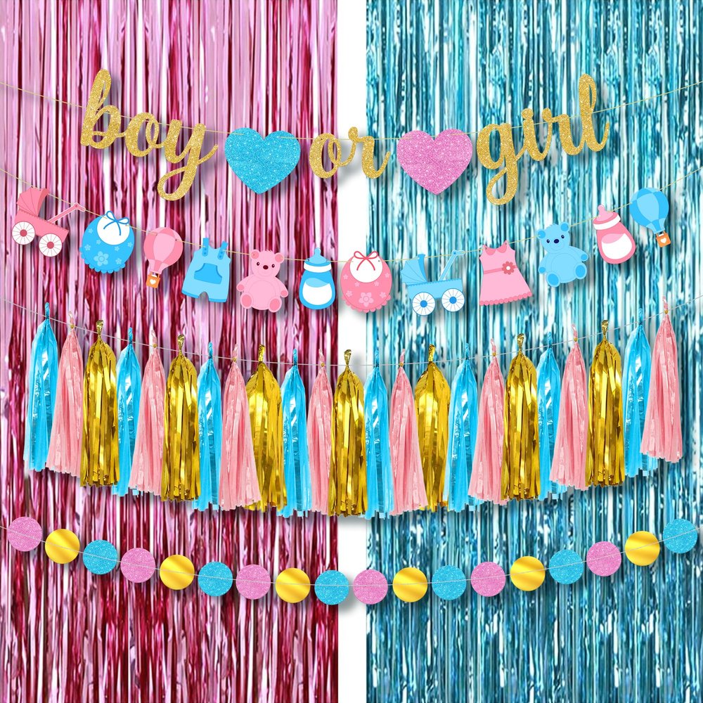 KatchOn, Pink and Blue Foil Fringe - 6.4x8 Feet, Pack of 2 | Boy or Girl Banner and Garland Set - 10 Feet | Girl or Boy Gender Reveal Decorations | Boy or Girl Gender Reveal Banner | Baby Shower Decor