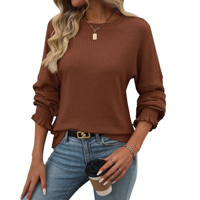FMCHICO Sweater Dresses For Women 2024 Women's Ribbed Crew Neck Sweatshirt Casual Long Sleeve Pullover Tops Loose Solid Tshirts 2024 Fall Outfits Coffee