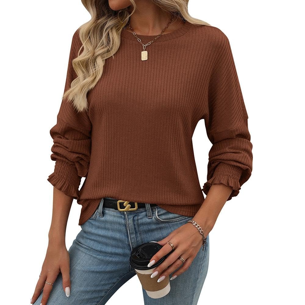 FMCHICO Sweater Dresses For Women 2024 Women's Ribbed Crew Neck Sweatshirt Casual Long Sleeve Pullover Tops Loose Solid Tshirts 2024 Fall Outfits Coffee