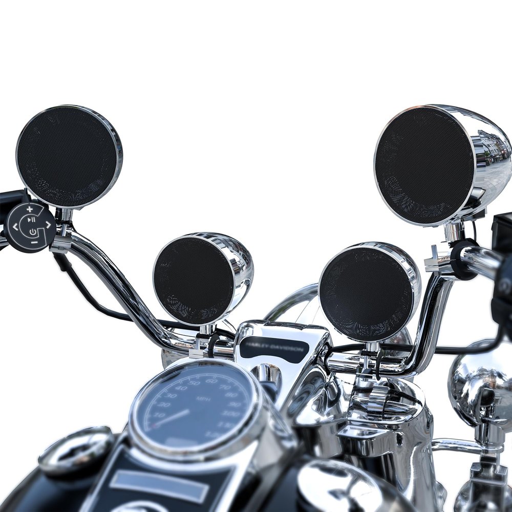 GoHawk Motorcycle Bluetooth Speakers | 4-Speaker Waterproof 4.1-Channel Amplifier Audio System w/ 4.25" Chrome Speakers | Handlebar-Mounted Music Stereo for Harley, Indian | FM Radio, USB/AUX
