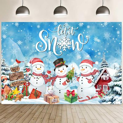 12x8ft Winter Christmas Backdrop Snowy Mountains Xmas Pine Tree Background Snowman Snowflake Gifts Home Wallpaper Decorations Photography Banner Family New Year Party Props Supplies