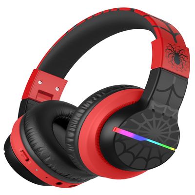 iClever BTH12 Kids Bluetooth Headphones,Colorful LED Lights,74/85dBA Safe Volume,85H Playtime,Fast Charging,Bluetooth 5.2,Over Ear Kids Headphones Wireles for iPad/Tablet/Airplane,Black/Red