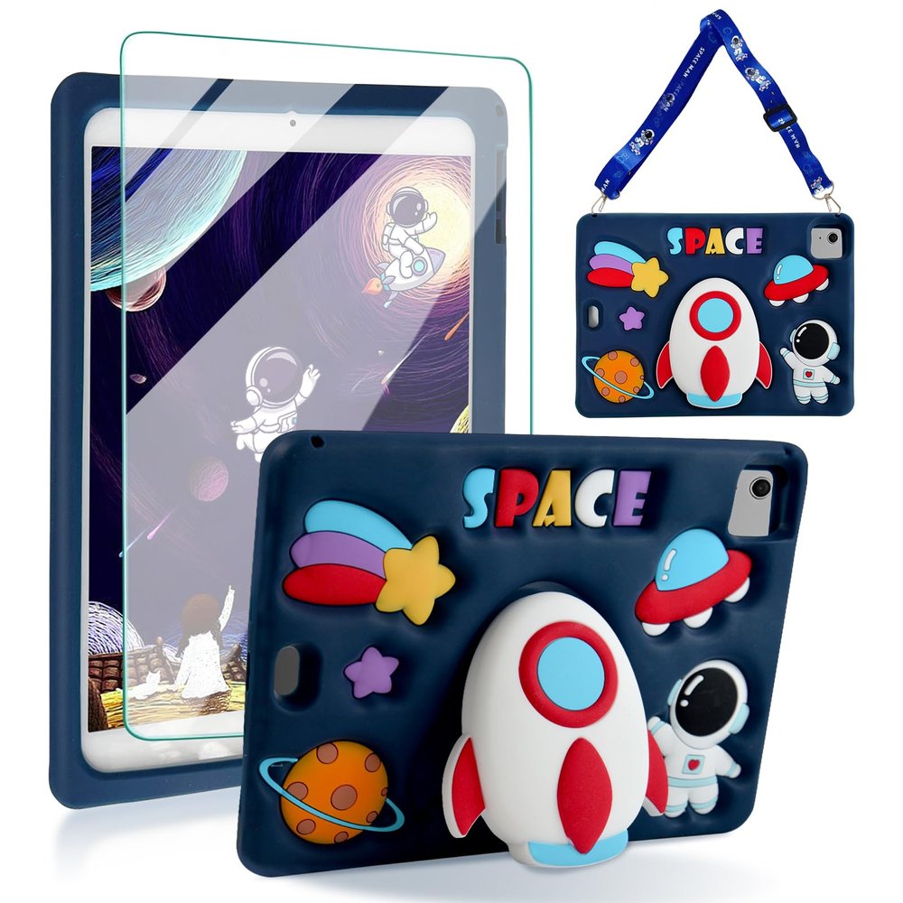 ACEMO for iPad Air 11 inch Case M2 2024 iPad Air 5th/4th Generation Case 10.9 inch with Screen Protector, Kickstand, Shoulder Strap Cute Rocket Stand Silicone Cover for iPad Air 2024 2022 2020, Blue