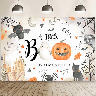 15x10ft Halloween Baby Shower Backdrop A Little Boo is Almost Due Background Cartoon Ghost Pumpkins Bats Spider Photography Banner Decorations Newborn Birthday Party Photo Booth Props