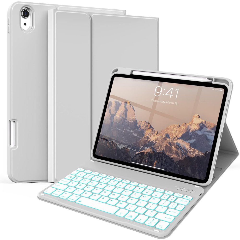 kenke for iPad 11/10th Gen Case with Keyboard 11/10.9 inch 2025 A16/2022, Detachable Wireless Bluetooth Keyboard Case with Right Side Pencil Holder, Backlit White Square Keycaps (Gray)