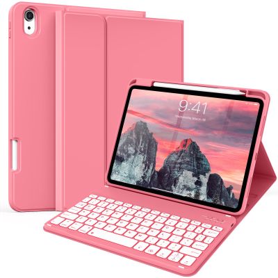 kenke for iPad 11/10th Gen Case with Keyboard 11/10.9 inch 2025 A16/2022, Detachable Wireless Bluetooth Keyboard Case with Right Side Pencil Holder, Backlit White Square Keycaps (Pink