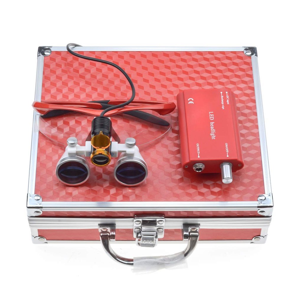 2.5420mm Loupe Optical Glasses Magnifier Glasses with 5W LED Headlight Lamp + Aluminum Box (Red)