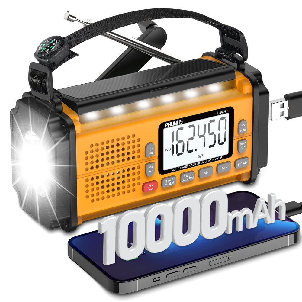 PRUNUS J-924 10000mAh/37000mWh Hand Crank Radio, AAA Batteries Powered Emergency Radio Solar, NOAA Weather Radio AM/FM/SW, USB Charging, Torch& Reading Light, SOS Alarm, Power Bank