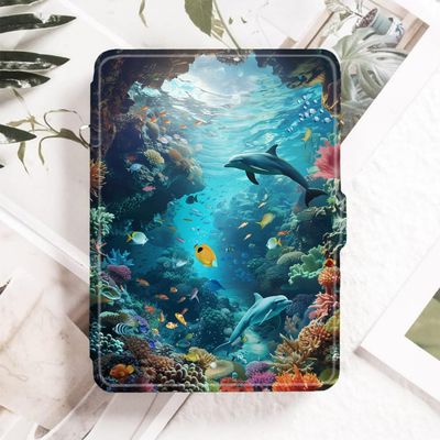 Case for 10.2-Inch Kindle Scribe (2022 Released), Slim Lightweight Pu Leather Cover with Pen Holder and Auto Wake/Sleep for 10.2 Scribe E-Reader-Ocean Dolphin Fish