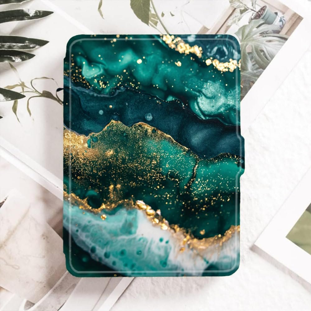 Case Cover for Kindle Voyage (2014 Released) - Case with Safe Magnetic Closure and Auto Sleep/Wake Function- Green Marble