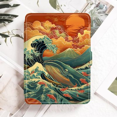 Case for 10.2-Inch Kindle Scribe (2022 Released), Slim Lightweight Pu Leather Cover with Pen Holder and Auto Wake/Sleep for 10.2 Scribe E-Reader-Japanese Style Whale Waves