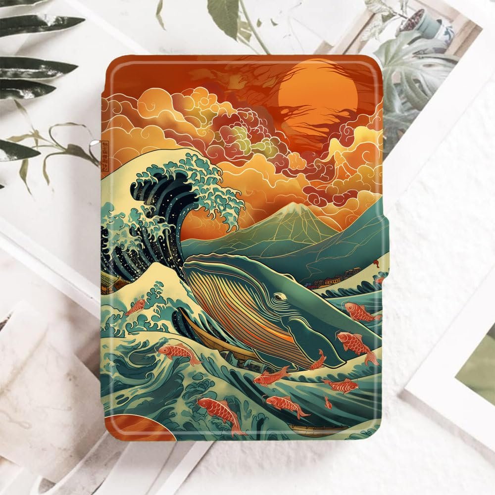 Case for 10.2-Inch Kindle Scribe (2022 Released), Slim Lightweight Pu Leather Cover with Pen Holder and Auto Wake/Sleep for 10.2 Scribe E-Reader-Japanese Style Whale Waves