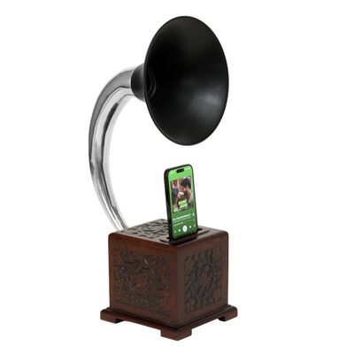 Decor Antique Gramophone Acoustic Speaker Vintage Style Non-Electric Amplifier, Smartphone Stand & Dock, Elegant Black Base