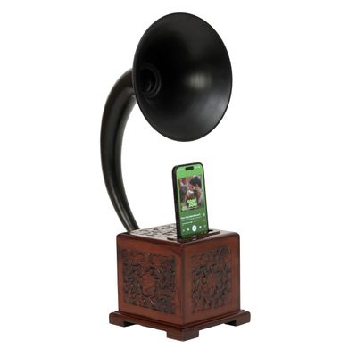 Decor Antique Gramophone Acoustic Speaker Vintage Style Non-Electric Amplifier, Smartphone Stand & Dock with Full Black Finish (Black-5)