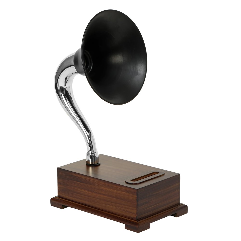 Decor Antique Gramophone Acoustic Speaker Non-Electric Smartphone Amplifier & !Phone Dock Stand, Vintage Style in Black Finish (Black_Brown-1)