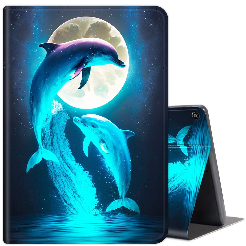 Case for Amazon Fire HD 8 Tablet (8th/7th/6th Generation 2018/2017/2016 Release),with Auto Wake/Sleep PU Leather Multi-Angle Stand Smart Cases for Fire HD 8 6/7/8th Gen 8",Cute Dolphins and Moon