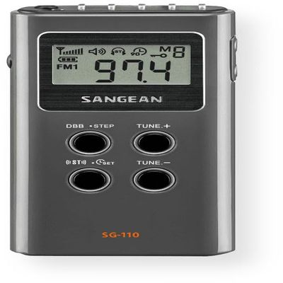 SG-110 FM/AM Stereo Pocket Receiver, Dark Gray; Direct Recall 15 Station Presets; Auto Seek Station; Built-in Real Time Clock; Adjustable Tuning Step; 90 Minute Auto Shut Off; Handheld Size