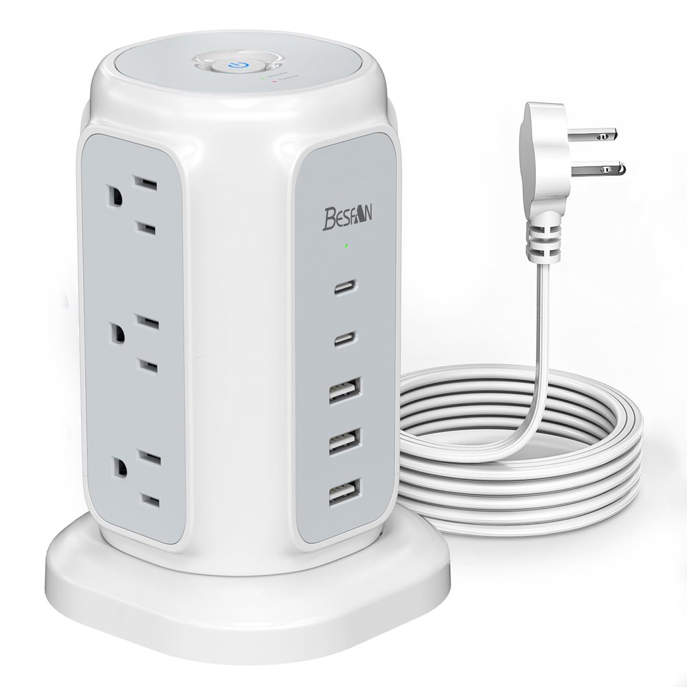 BESFAN Power Strip Tower, 1625W Surge Protector with 9AC Outlets 5 USB Ports, 6.5 FT Extension Cord Charging Tower for Multiple Devices, for Office Supplies, Dorm Room Essentials for Girls, Guys