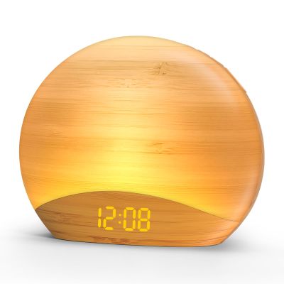 REACHER Sunrise Alarm Clock with Bluetooth Speaker & FM Radio, Gradual Wake Up Light, Digital Dimmable Clock, Bedroom Lamps, 8 Color Night Lights, Home Decor, Wood Clock for Adult, Kid