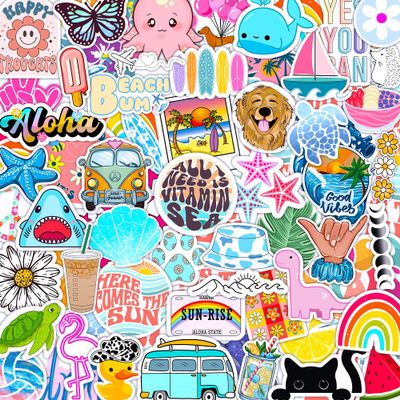 120 PCS Holographic Preppy Beach Stickers for Laptops, Water Bottle, Phone, Cups, Mugs, Hydro Ocean Cute Aesthetic Preppy Sticker Pack for Girls (120)