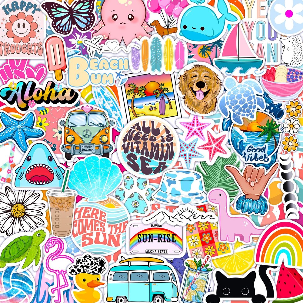 120 PCS Holographic Preppy Beach Stickers for Laptops, Water Bottle, Phone, Cups, Mugs, Hydro Ocean Cute Aesthetic Preppy Sticker Pack for Girls (120)