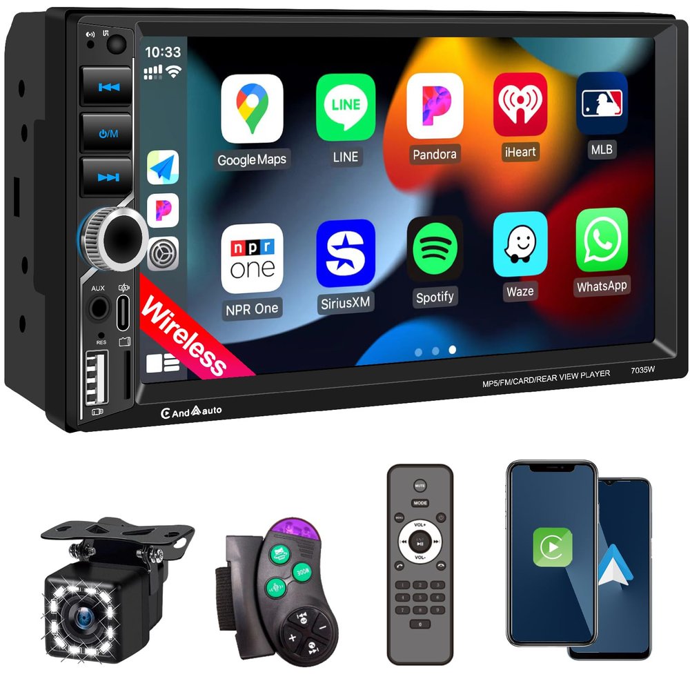 7'' Wireless Apple CarPlay Double Din Car Stereo,Car Radio with IPS HD Touchscreen,Bluetooth 5.2,FM Radio,Backup Camera,Android Auto,Mirror Link,USB/Type-C/AUX/TF,180W Audio Subwoofer Output
