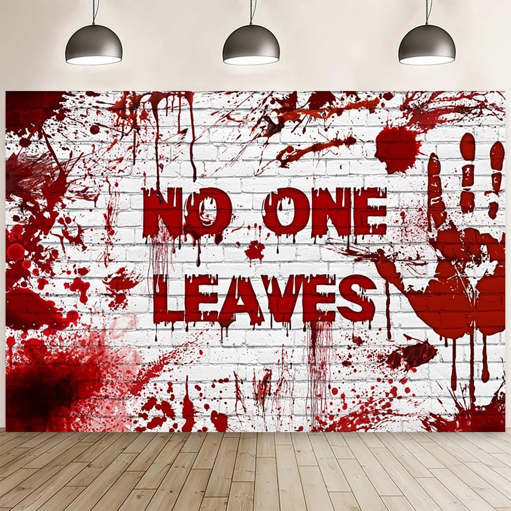 10x6.5ft Bloody Handprint Backdrop Halloween No One Leaves Photography Background Mischief Red Blood Splatter Brick Wall Decorations Banner Zombie Vampire Halloween Party Photo Booth Props