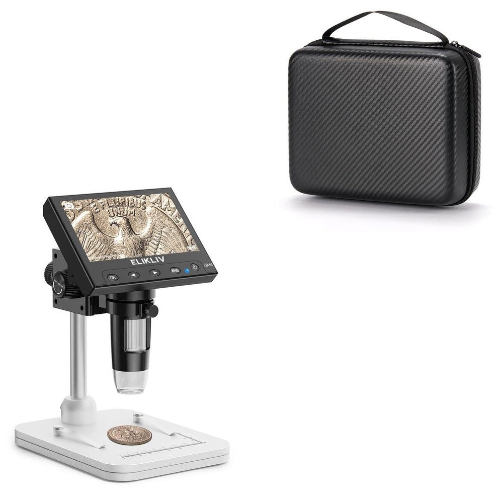 Elikliv Microscope, LCD Digital Coin Microscope 1000x, Coin Magnifier with 8 Adjustable LED Lights, EDM4+Microscope Case