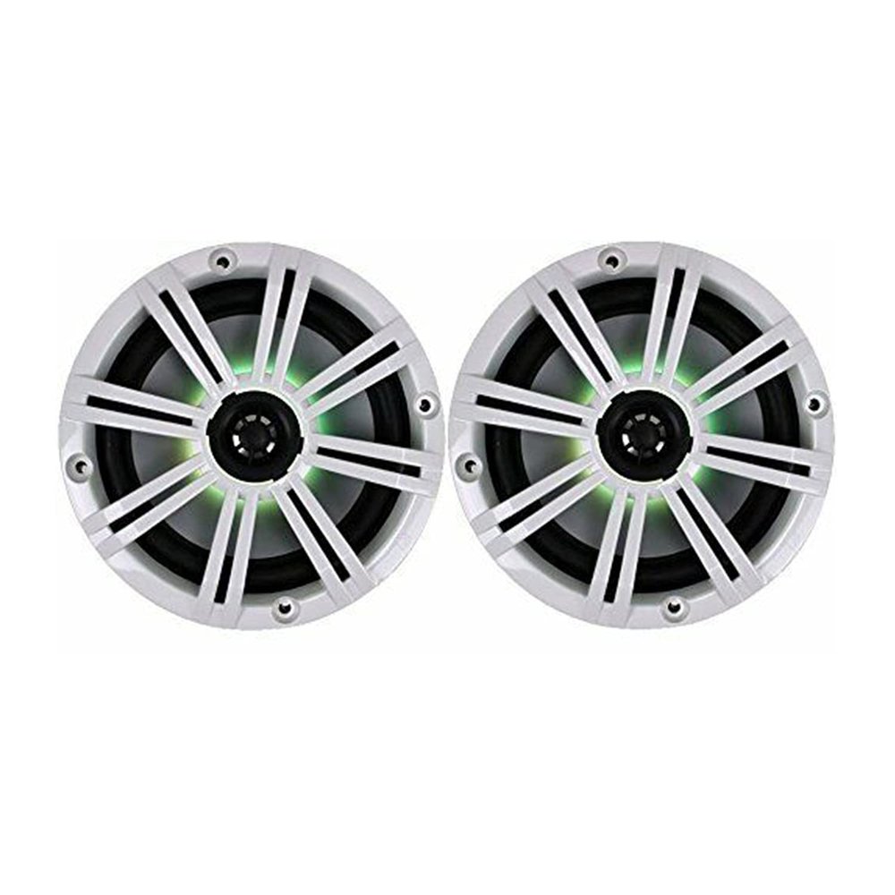 2-Speakers 6.5" 195W Marine Audio Coaxial Color LED Lights White Grills Polypropylene Titanium of Set