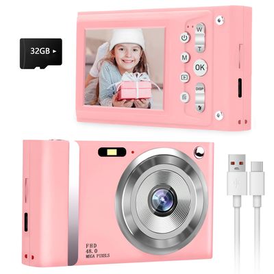 Jazeyeah Digital Camera - Compact Digital Camera for Kids and Teens- 48MP 2.4 Inch LCD Screen,FHD 1080P, 16x Zoom Anti-Shake, 32GB Card Included - Ideal Pink Camera for Photography & Everyday Moments