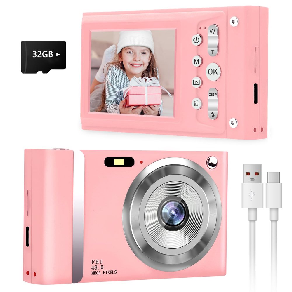 Jazeyeah Digital Camera - Compact Digital Camera for Kids and Teens- 48MP 2.4 Inch LCD Screen,FHD 1080P, 16x Zoom Anti-Shake, 32GB Card Included - Ideal Pink Camera for Photography & Everyday Moments