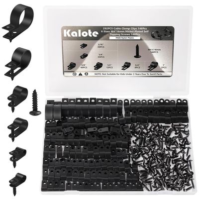 Kalote 292Pcs Black PA66 Nylon R Cable Clamps Kit w/ M4 Screws, 6 Sizes