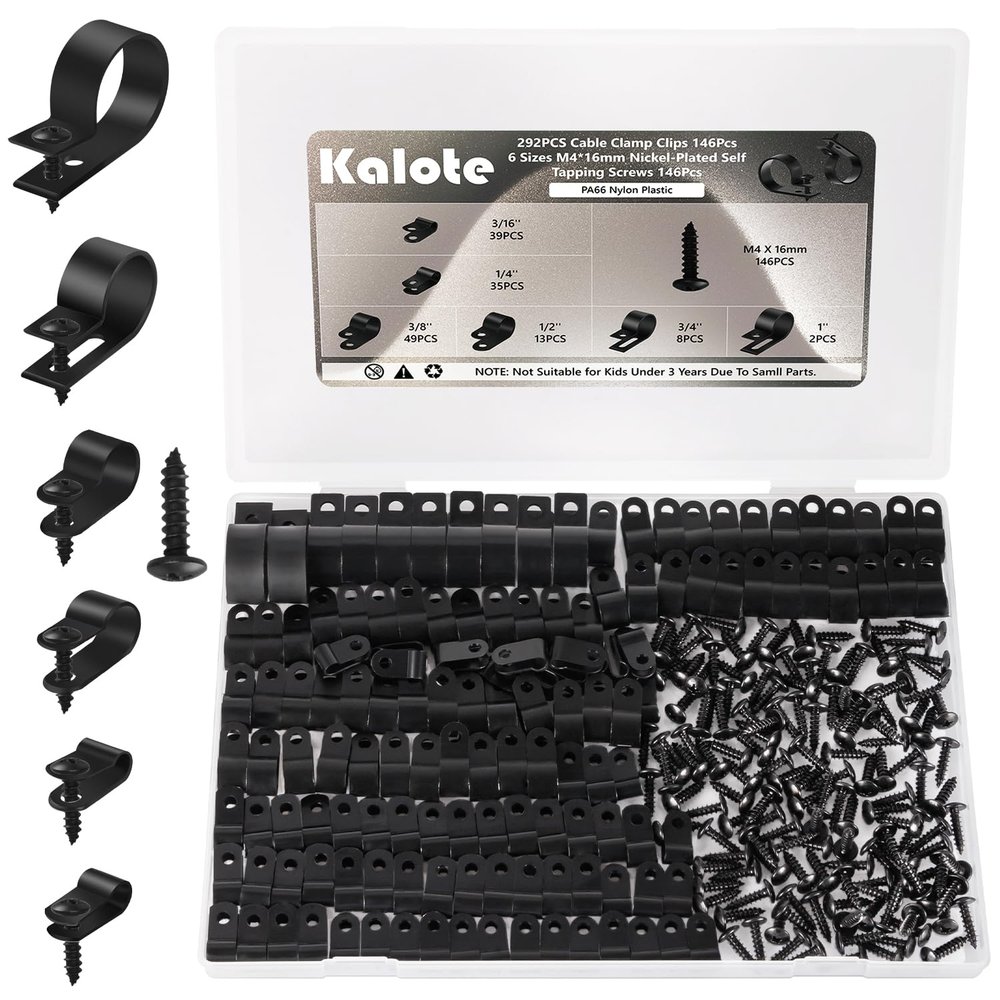 Kalote 292Pcs Black PA66 Nylon R Cable Clamps Kit w/ M4 Screws, 6 Sizes
