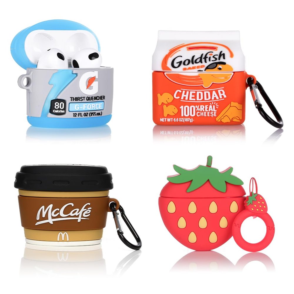 (4Pack) Case for AirPods 3rd Generation Earbuds (2022), XMBYGY Silicone Charging Case Protective Cover with Cute Cartoon Skin Design for AirPods 3, with Carabiner (G+GOD+Mcoffee+3Dstrawberry)