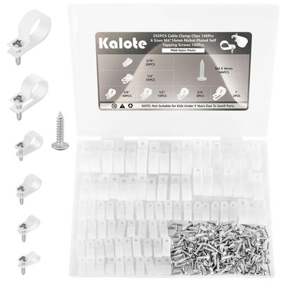 292PCS Cable Clamps, Cable Clips for Management Cord Organizer, 6 Sizes-3/16'' 1/4'' 3/8'' 1/2'' 3/4'' 1'' White PA66 Nylon R-Type Plastic Screw Mounting Cord Clamp Assortment Kit with M4 Screws