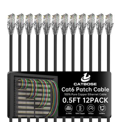 0.5 Foot Cat6 Patch Cables(12 Pack), Solid Pure Copper Patch Cord, Cat 6 Ethernet Cable, UTP Network, High Speed RJ45 Internet Cables, Compatible for Router, Switche, PC, Server, PS4/5, Xbox - Black
