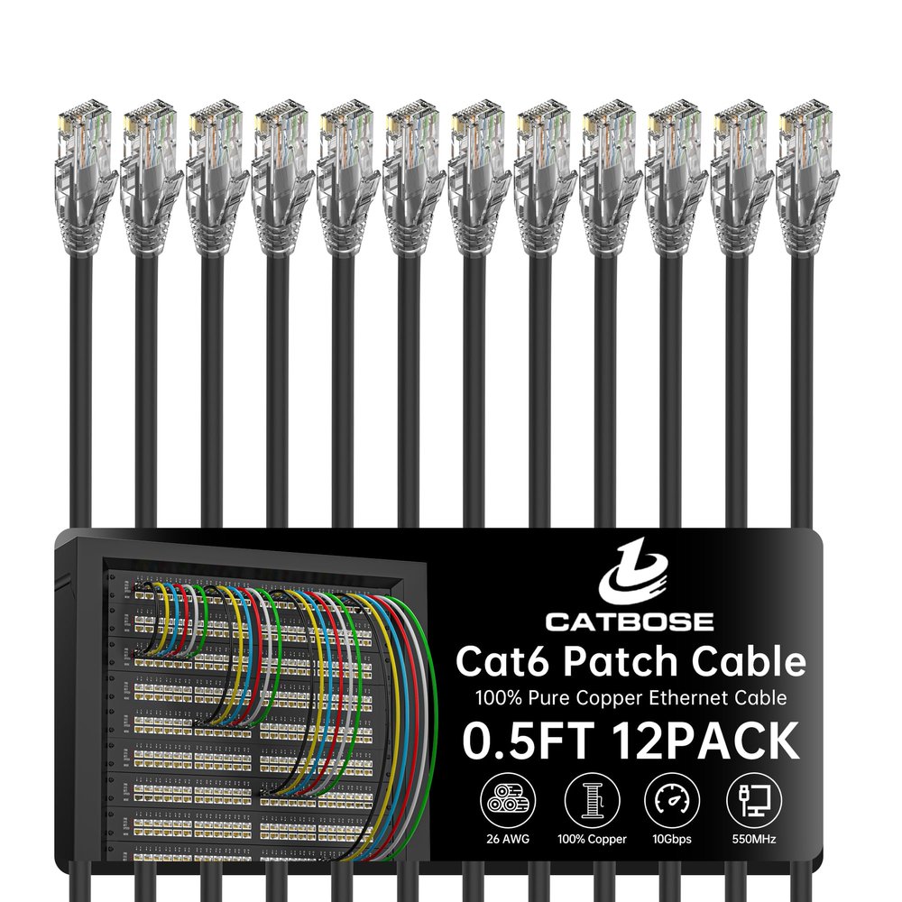 0.5 Foot Cat6 Patch Cables(12 Pack), Solid Pure Copper Patch Cord, Cat 6 Ethernet Cable, UTP Network, High Speed RJ45 Internet Cables, Compatible for Router, Switche, PC, Server, PS4/5, Xbox - Black