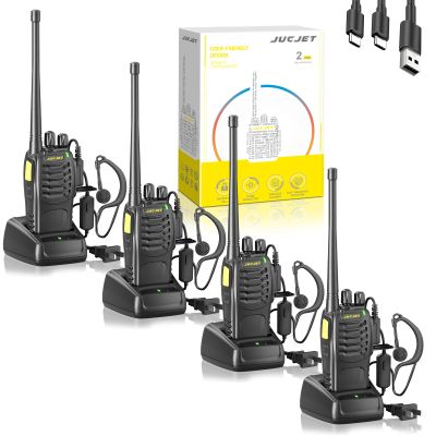 JUCJET (4-Pack) Walkie Talkies, Includes Original Headsets, Type-C Cable, USB Charging Dock, Features One-Click Pairing, Voice Noise Reduction, and Digital Encryption Communication Function (Black)