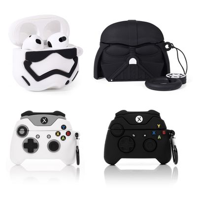 (4Pack) Case for AirPods 3rd Generation Earbuds (2022), XMBYGY Silicone Charging Case Protective Cover with Cute Cartoon Skin Design for AirPods 3, with Carabiner (BKsoldier+WT+GamepadBK+Wht)